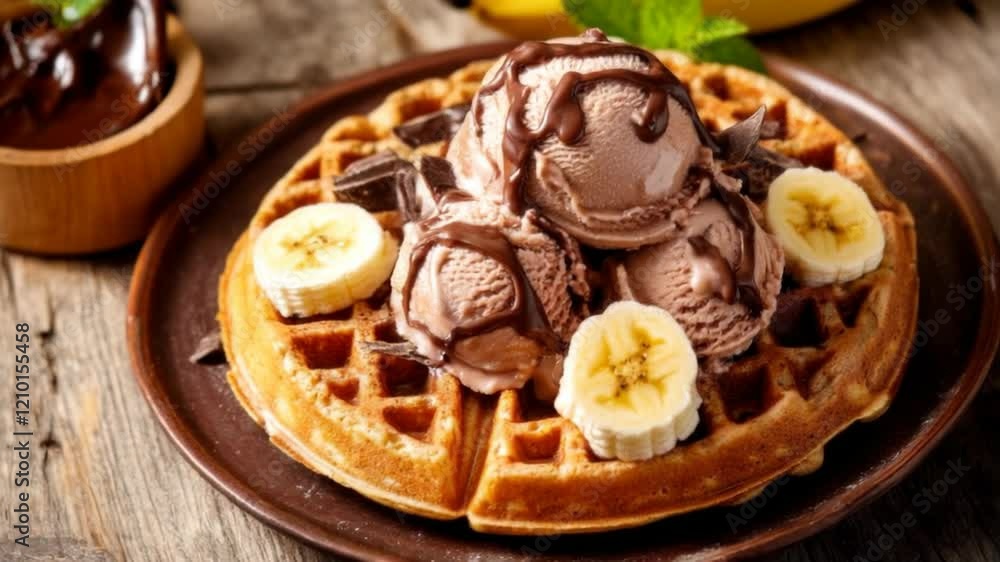 Delicious Chocolate Ice Cream Waffles with Bananas