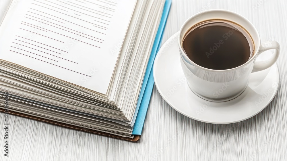 Open book, coffee cup, wood table, quiet study, education Open book, coffee cup, wood table, quiet study, education