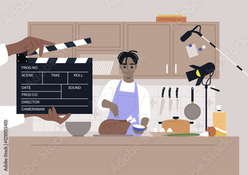 A cooking show is in full swing as an enthusiastic chef prepares a delicious dish in a modern kitchen, Lights and cameras capture the creative process amid vibrant ingredients