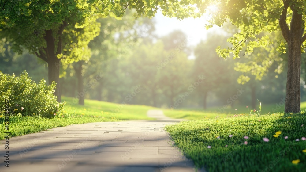 Obraz premium Sunlit path in lush green park with trees and flowers