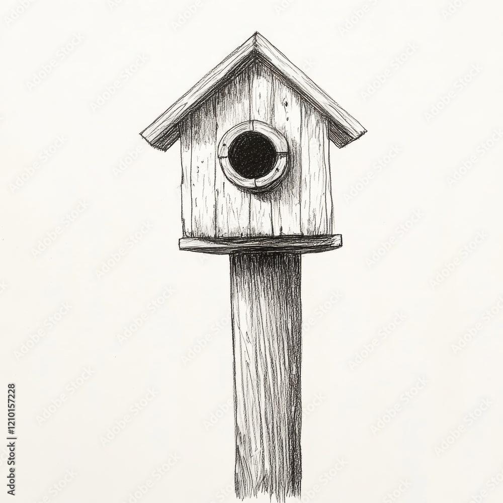 Small wooden birdhouse mounted on a tall wooden pole, perfect for garden decoration and attracting birds Small wooden birdhouse mounted on a tall wooden pole, perfect for garden decoration and attracting birds
