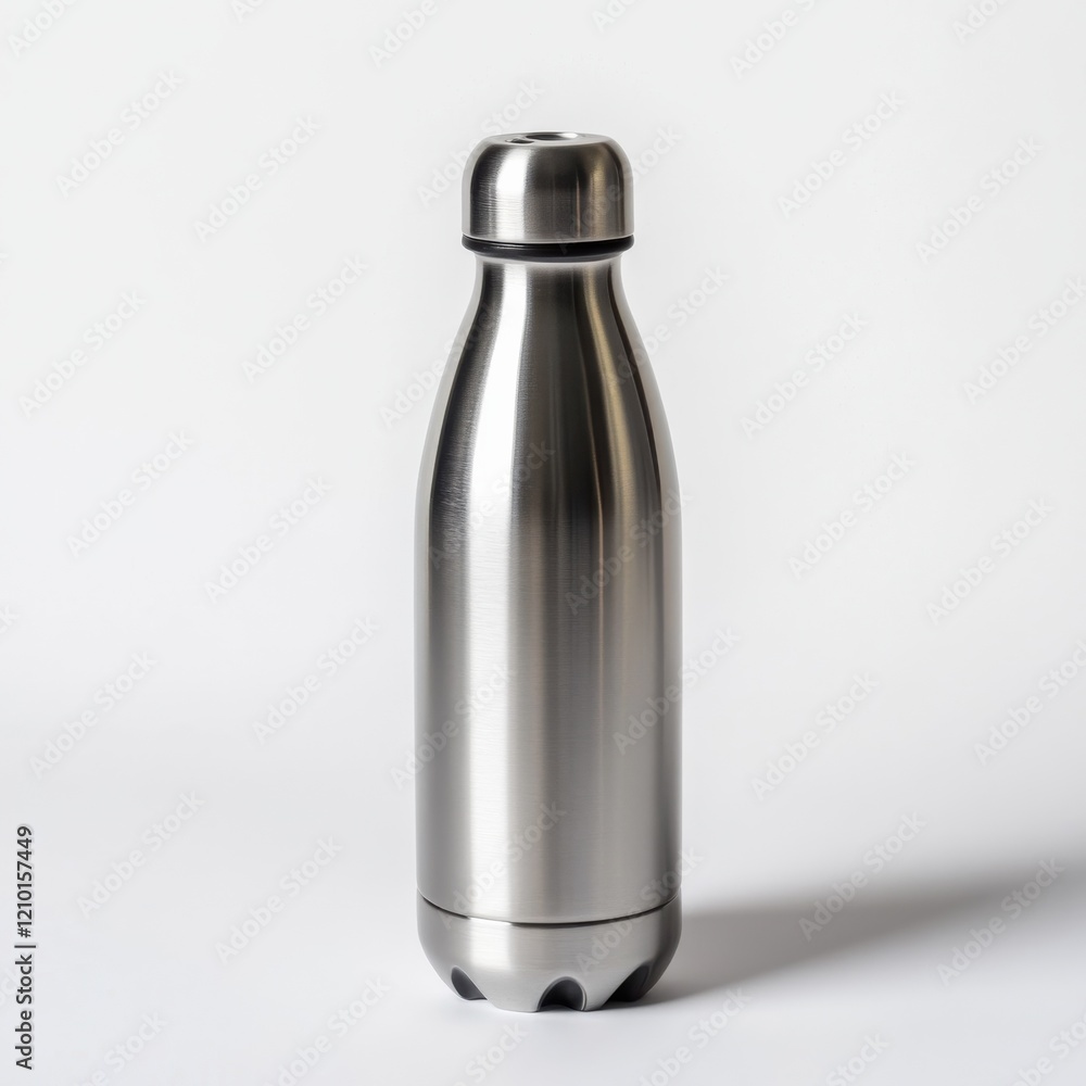 Stainless steel water bottle standing upright on a plain background in a simple modern setting Stainless steel water bottle standing upright on a plain background in a simple modern setting