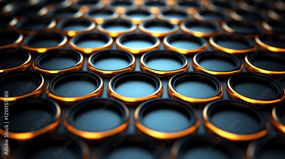 Gold and Black Circles: A mesmerizing pattern of sleek, metallic gold rings layered atop a deep blue background, creating a striking and visually appealing abstract design. Gold and Black Circles: A mesmerizing pattern of sleek, metallic gold rings layered atop a deep blue background, creating a striking and visually appealing abstract design.