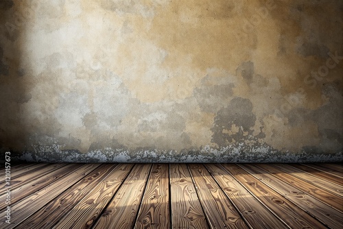 Empty wooden floor with aged wall background for presentation or design mockup. photo