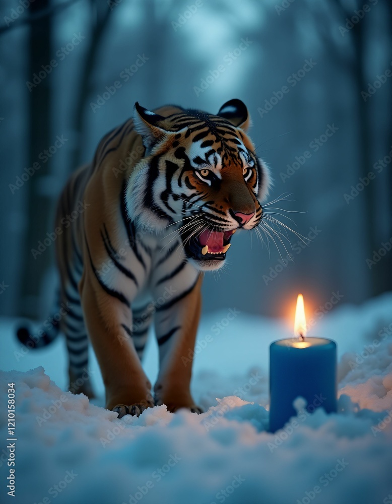 Obraz premium a tiger at the foot of a burning candle in the snowy forest