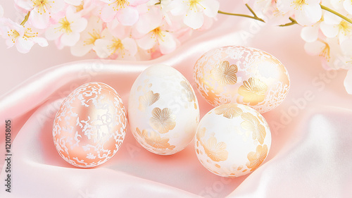 Chic rose gold Easter eggs on a satin backdrop with elegant lace and floral accents photo