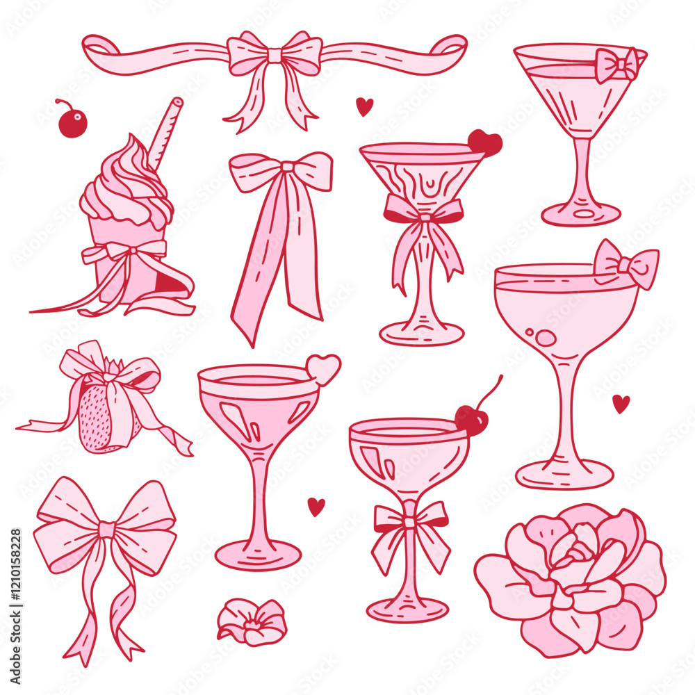 Cute Coquette pink girly elements set with ribbon bows. Preppy Aesthetic Vintage vector illustration of cocktails, ice cream, bows, flowers, strawberry Cute Coquette pink girly elements set with ribbon bows. Preppy Aesthetic Vintage vector illustration of cocktails, ice cream, bows, flowers, strawberry