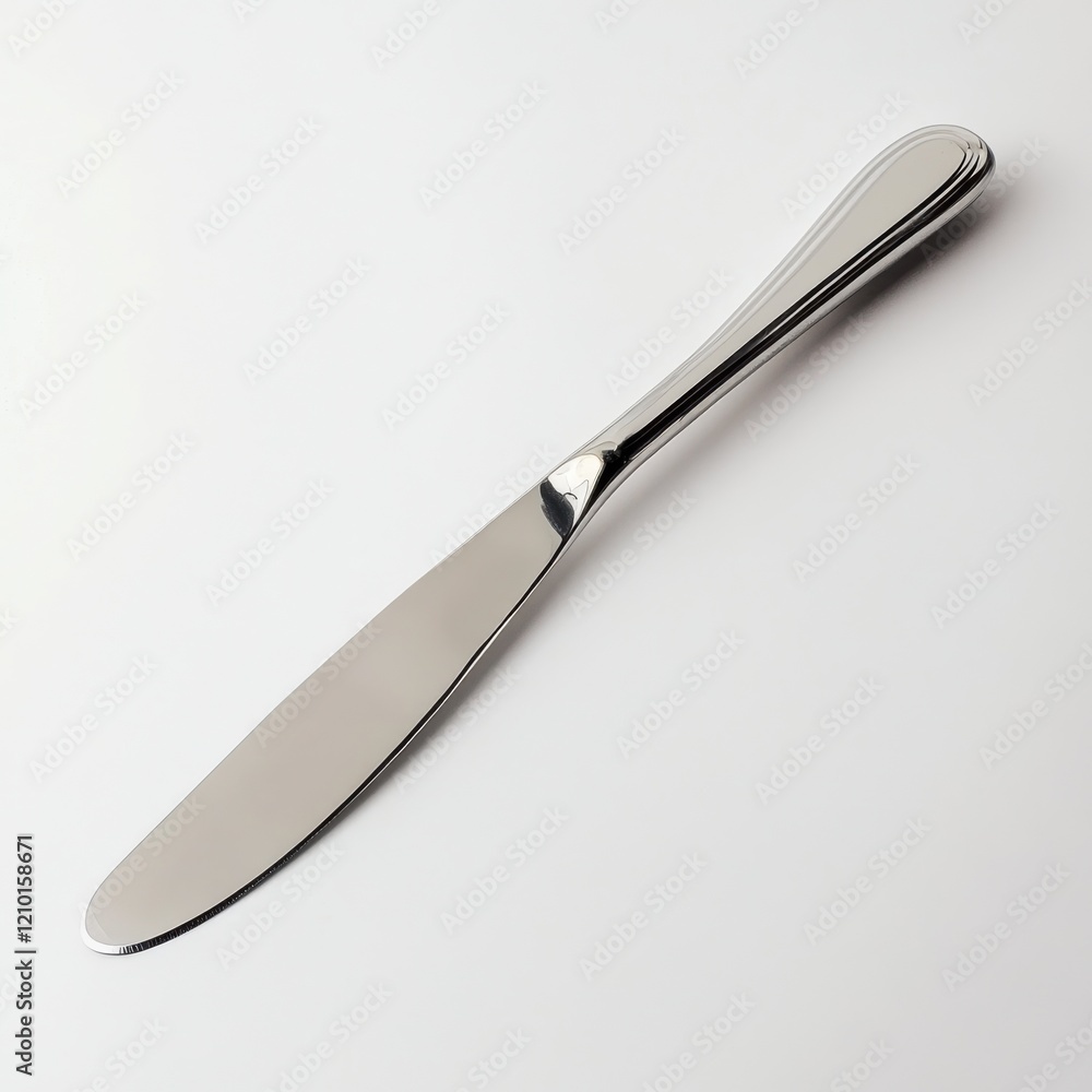 Fototapeta premium Shiny silver butter knife with a curved design resting on a plain surface