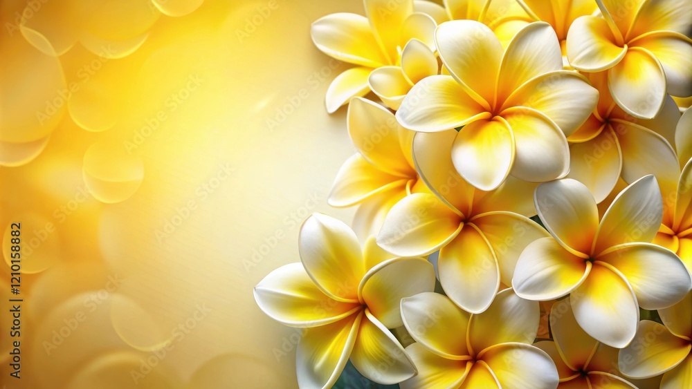 Fototapeta premium Golden Yellow Plumeria Blossoms with Soft Bokeh Background, Perfect for Elegant Designs and Festive Occasions