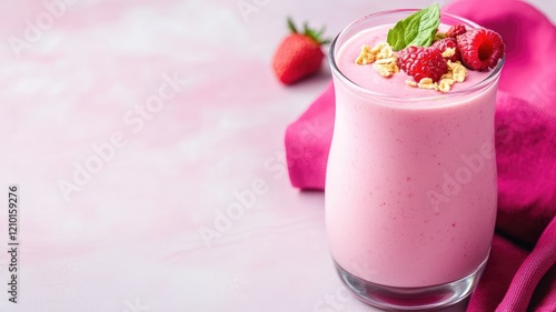 Refreshing strawberry smoothie garnished with raspberries and mint photo