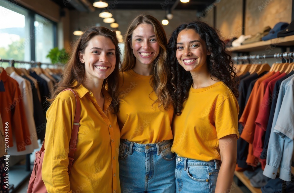 Three young women pose happily in a trendy clothing store, wearing matching yellow tops and denim shorts. They are surrounded by stylish apparel, chatting and enjoying their shopping experience. Three young women pose happily in a trendy clothing store, wearing matching yellow tops and denim shorts. They are surrounded by stylish apparel, chatting and enjoying their shopping experience.