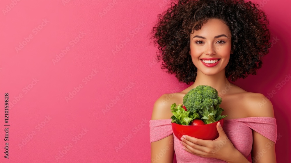 Smiling woman holding bowl of fresh vegetables in front pink background Smiling woman holding bowl of fresh vegetables in front pink background