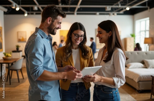 Three friends gather in a stylish interior design showroom, sharing ideas and laughing as they explore options on a tablet. The inviting space is filled with modern furniture and decor. photo