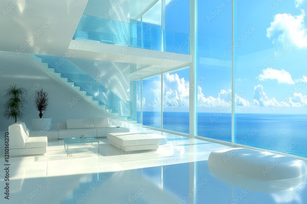 Fototapeta premium Futuristic penthouse with blue sea vista
