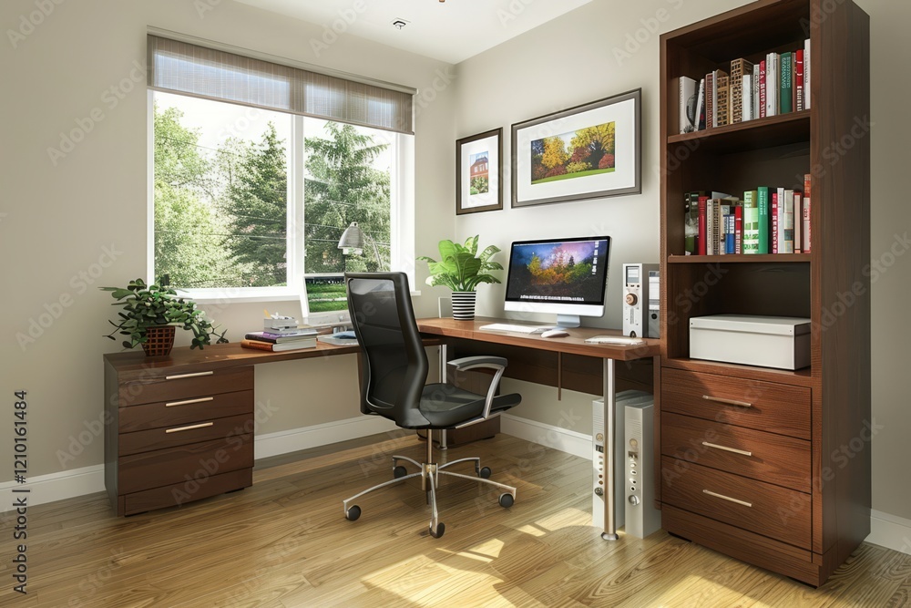 Modern home office setup promoting productivity and focus Modern home office setup promoting productivity and focus