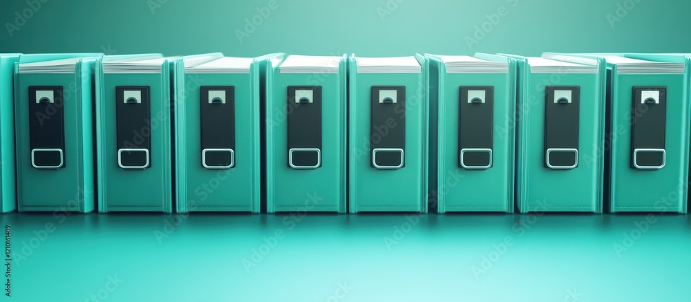 Teal books lined up on teal surface, background gradient Teal books lined up on teal surface, background gradient