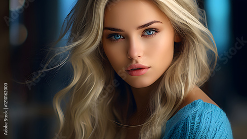 Serene Blonde Woman in Blue Sweater photo