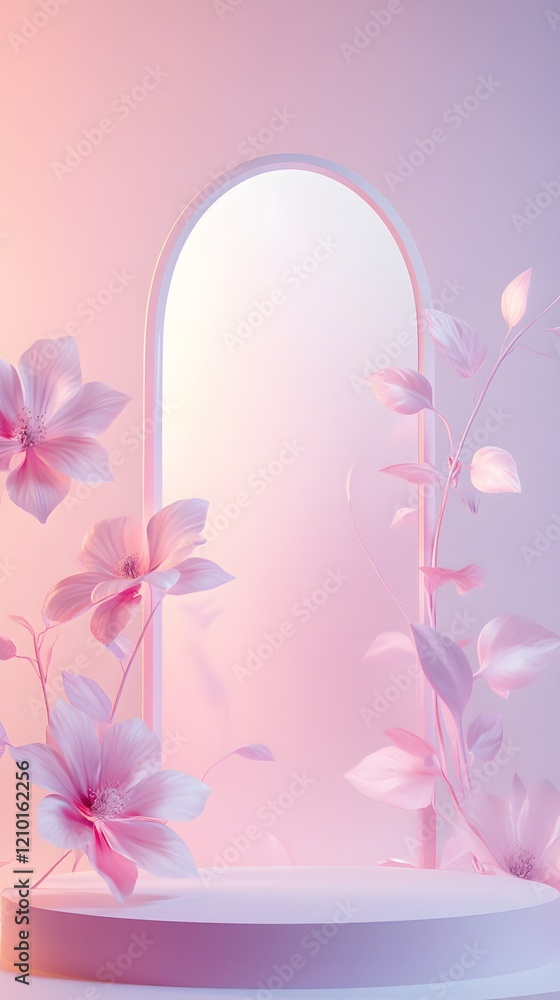 A tall, slender podium with empty space for a Mother's Day product, surrounded by a soft gradient pink-to-purple background A tall, slender podium with empty space for a Mother's Day product, surrounded by a soft gradient pink-to-purple background