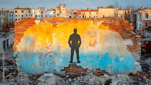 Resilience Amidst Ruins: A solitary figure is silhouetted against a vibrant mural painted on a crumbling brick wall, set against the backdrop of a war-torn cityscape. The image evokes themes of hope. photo