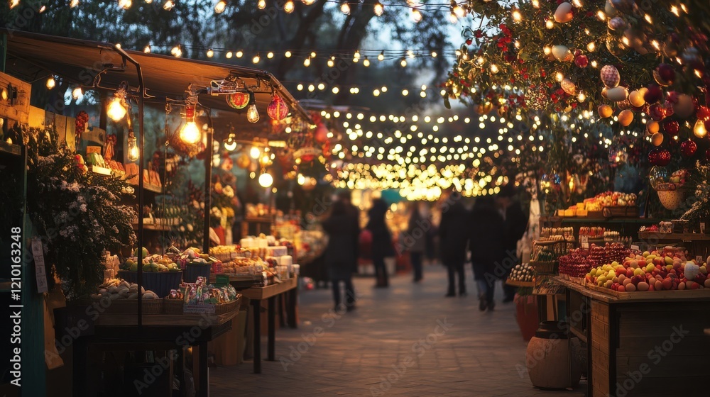 Festive Easter evening market vibrant with lights and colorful stalls in a charming outdoor setting Festive Easter evening market vibrant with lights and colorful stalls in a charming outdoor setting