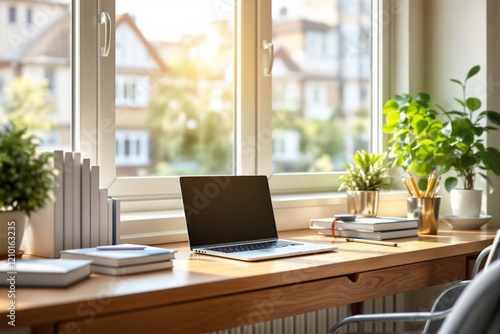 Wallpaper Mural Workspace with laptop and books on wooden desk near window, bright natural light with plants and urban view in background. Torontodigital.ca