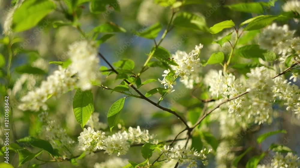 Spring cherry branches with delicate white flowers on light blurred nature background. Hello Spring. Beautiful springtime coming concept. Wild flowers swaying in wind. Copy space, isolated, close-up Spring cherry branches with delicate white flowers on light blurred nature background. Hello Spring. Beautiful springtime coming concept. Wild flowers swaying in wind. Copy space, isolated, close-up