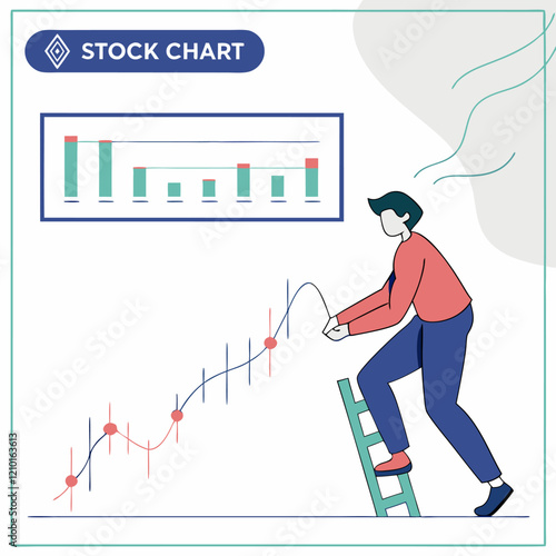 Stock chart and people analyzing investment market. Vector illustration.