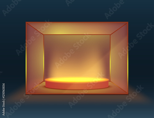 Round cylindrical podium in a glass illuminated cube. Vector 3d illustration.