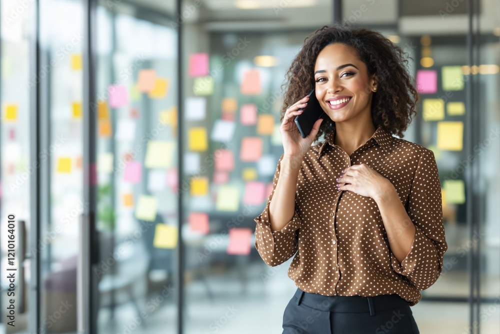 Fototapeta premium Businesswoman talking on phone in modern office with glass walls and sticky notes in background.