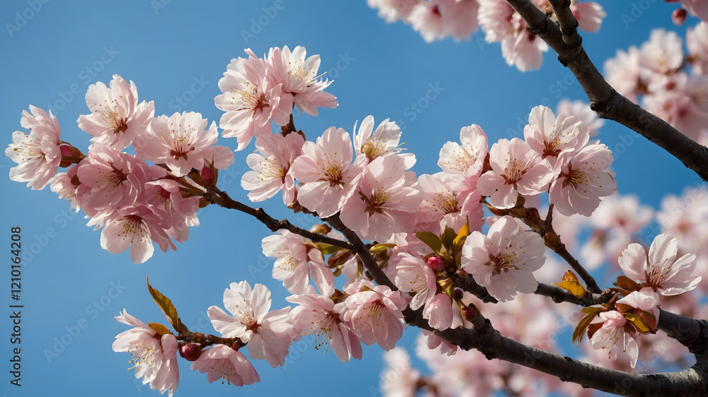 Pink cherry blossoms bloom in spring, painting the branches with delicate beauty against the blue sky Pink cherry blossoms bloom in spring, painting the branches with delicate beauty against the blue sky