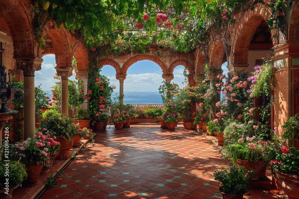 Fototapeta premium Spanish-style courtyard with ocean glimpses