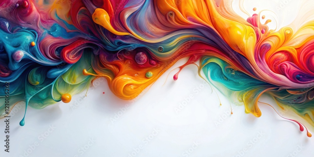 Abstract Swirling Rainbow Hues A vibrant, dynamic composition of colorful paint flows and droplets on a pristine white background, creating a visually stunning and energetic artwork. Abstract Swirling Rainbow Hues A vibrant, dynamic composition of colorful paint flows and droplets on a pristine white background, creating a visually stunning and energetic artwork.