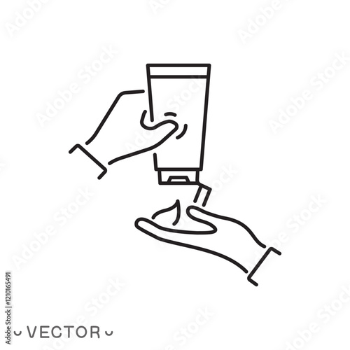 squeeze cream on hand icon, lotion tube, shower gel, skincare concept thin line symbol isolated on white background, editable stroke eps 10 vector illustration