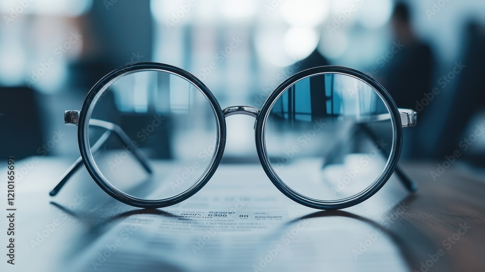 Office glasses on document, blurred background Office glasses on document, blurred background