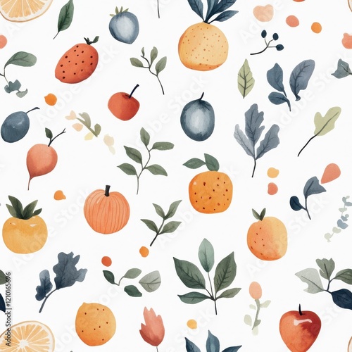Doodle cartoon drawings of fruits and leaves in a calming watercolor style on a light background
