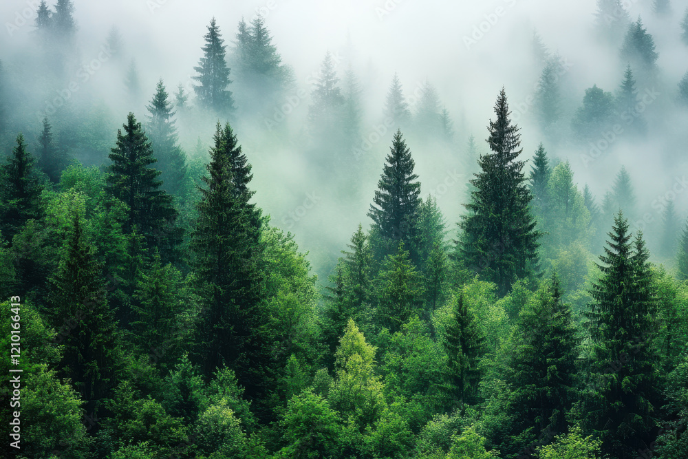 Lush green forest landscape with misty atmosphere and pine trees Lush green forest landscape with misty atmosphere and pine trees