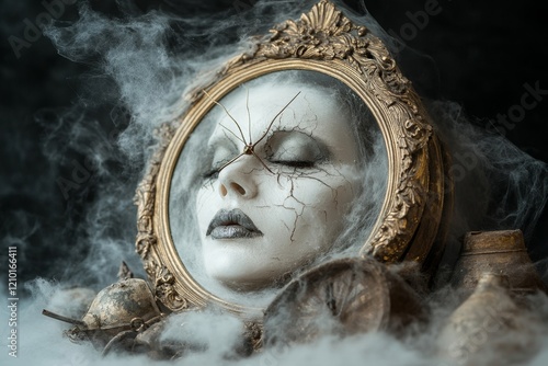 A ghostly face appearing faintly in an antique mirror, surrounded by dusty objects and cobwebs photo