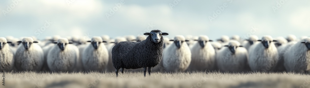 Fototapeta premium A black sheep stands out from a flock of white sheep. 