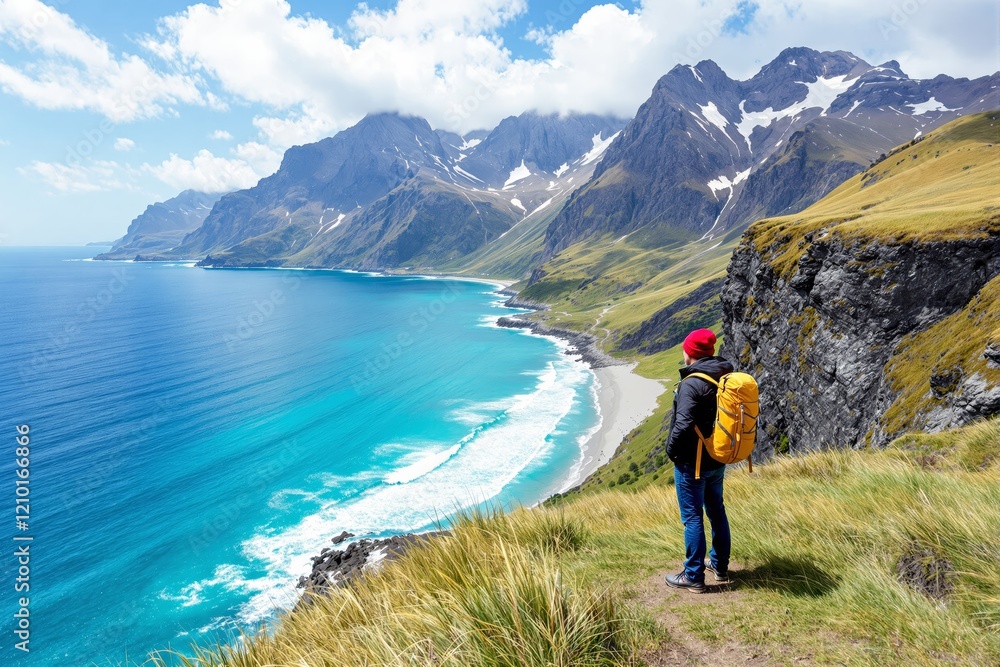 Adventurer overlooking stunning turquoise coastline and majestic mountains. Adventurer overlooking stunning turquoise coastline and majestic mountains.