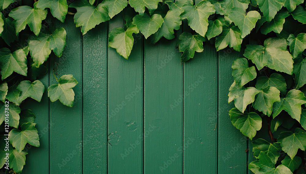 A green wooden fence adorned with lush ivy leaves, creating a serene and natural backdrop. A green wooden fence adorned with lush ivy leaves, creating a serene and natural backdrop.