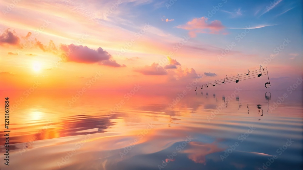 Fototapeta premium Serene Sunset Waters Reflecting a Melody of Musical Notes on a Calm Ocean at Dawn