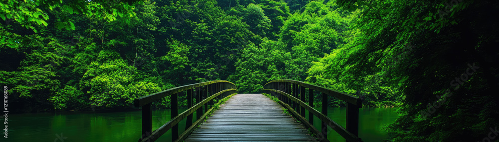 A serene wooden bridge nestled within lush green foliage, inviting exploration into the tranquil forest surroundings. A serene wooden bridge nestled within lush green foliage, inviting exploration into the tranquil forest surroundings.