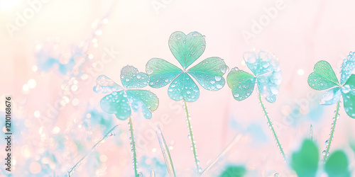 Morning Serenity: Dewy Clovers Under a Pastel Sky.
