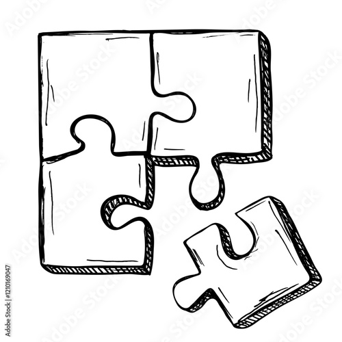 Four pieces of puzzle. Puzzle jigsaw on white background. Collection of hand drawn elements.Teamwork, partnership, business solution concept.