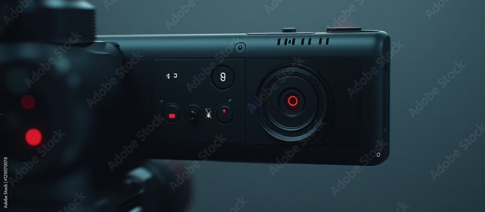 Studio camera control panel close-up; tripod blurred background; filmmaking Studio camera control panel close-up; tripod blurred background; filmmaking