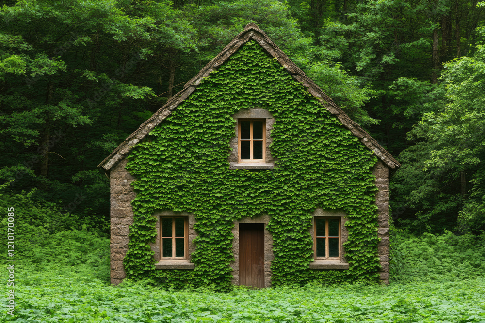 A charming ivy-covered house nestled in a lush green forest, blending harmoniously with nature. A charming ivy-covered house nestled in a lush green forest, blending harmoniously with nature.