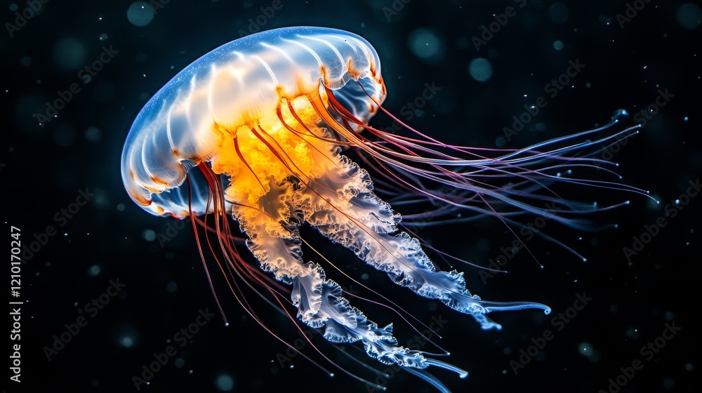 Fototapeta premium A luminous jellyfish gracefully floats in dark water