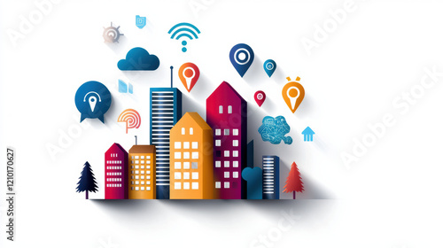 Futuristic cityscape with colorful buildings and technology icons