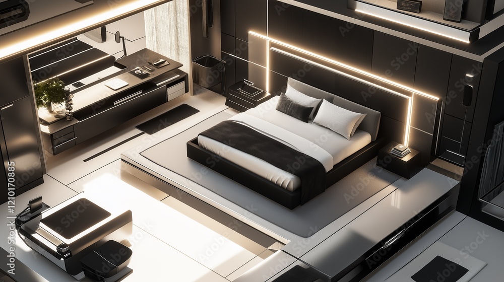 A sleek and trendy bedroom from the top down. A sleek and trendy bedroom from the top down.