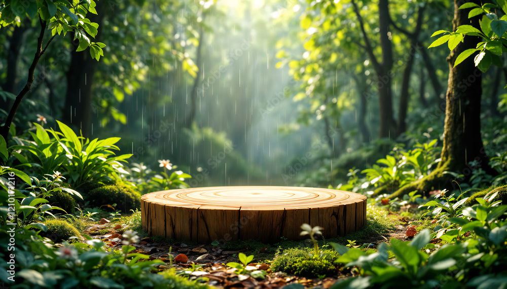 A rustic wooden round podium stands amidst lush greenery, bathed in the soft glow of sunlight filtering through the dense canopy of a pristine rainforest. A rustic wooden round podium stands amidst lush greenery, bathed in the soft glow of sunlight filtering through the dense canopy of a pristine rainforest.